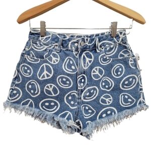 Pacsun smiley face peace signs high waisted festival denim shorts  Size 4